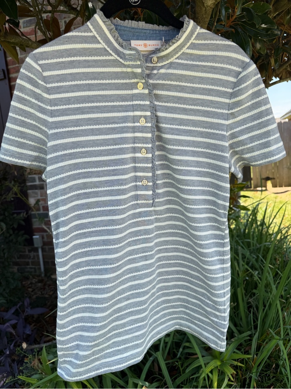 Tory Burch Striped Ruffle Henley Top Blue White Short Sleeve Sz S
